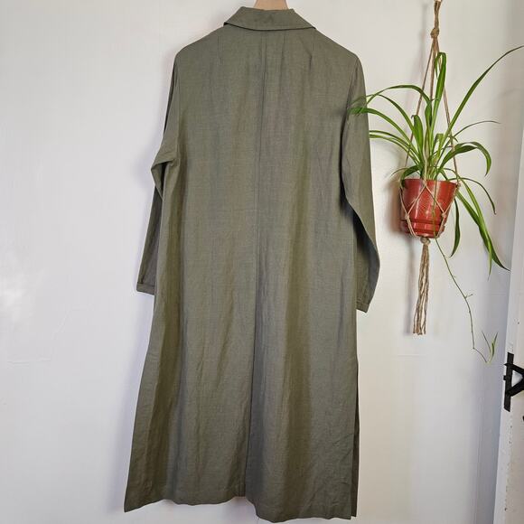 Linen Long‎ Trench Jacket M Olive Green Button Front Lagenlook - Picture 8 of 10